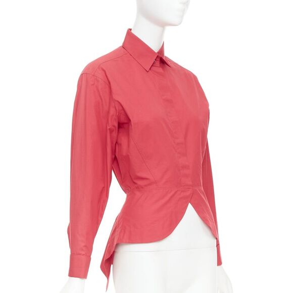 ALAIA red cotton curved tulip petal peplumpuff sleeves shirt FR36 S